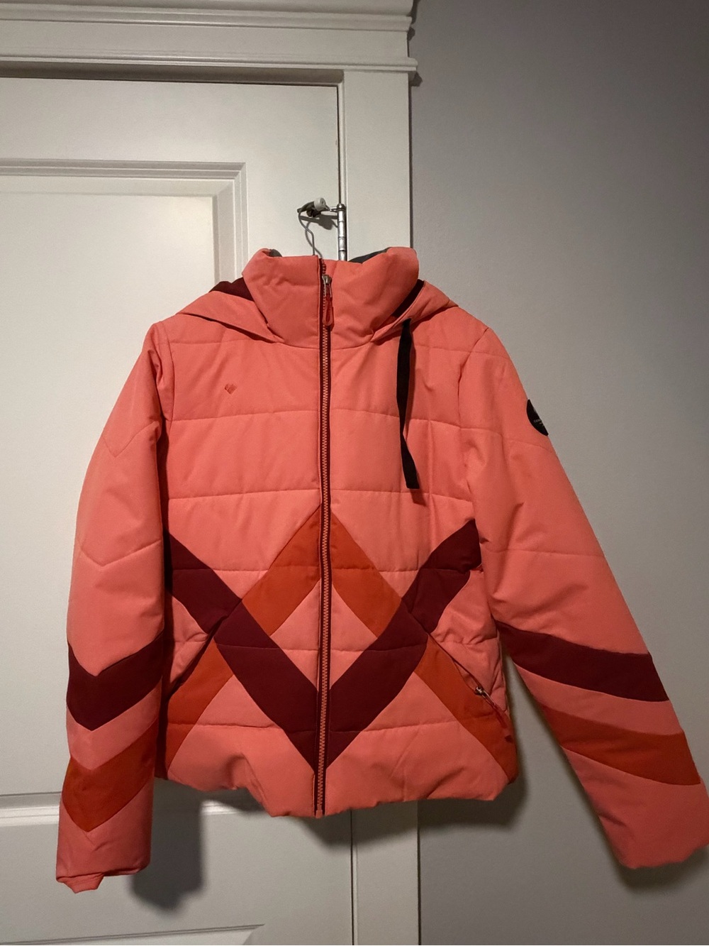 Obermeyer Girls Coral Ski Jacket with Burgundy & Orange Chevron